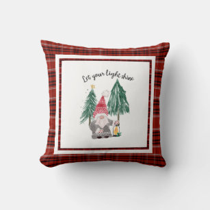 Christmas Red Plaid Gnome Lantern Light Shine Tree Throw Pillow