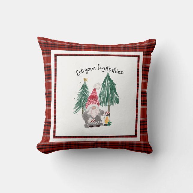 Christmas Red Plaid Gnome Lantern Light Shine Tree Throw Pillow (Front)