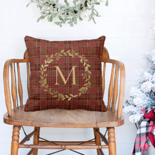 Christmas Red Plaid Gold Wreath Monogram Throw Pillow