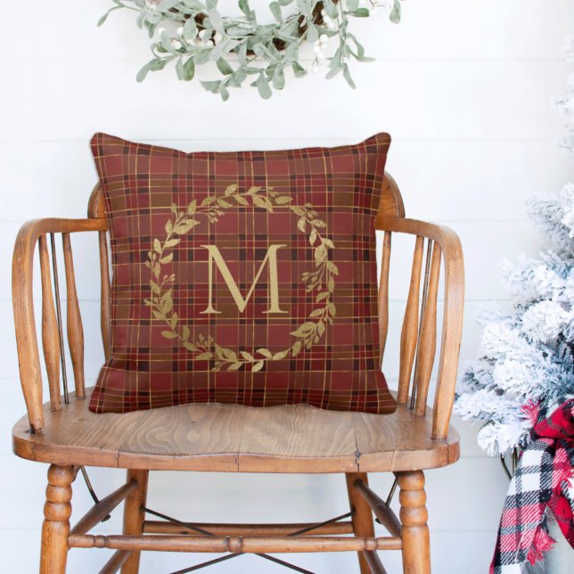 Christmas Red Plaid Gold Wreath Monogram Throw Pillow (Creator Uploaded)