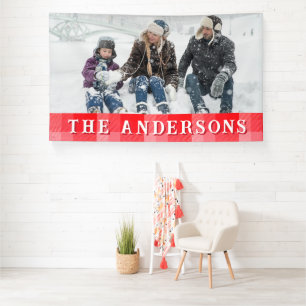 Christmas Red Plaid Holiday Diagonal Stripes Banner