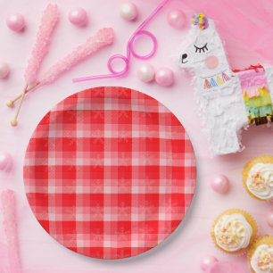 Christmas Red Plaid Holiday Diagonal Stripes Paper Plates