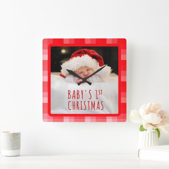 Christmas Red Plaid Holiday Diagonal Stripes Square Wall Clock (Home)
