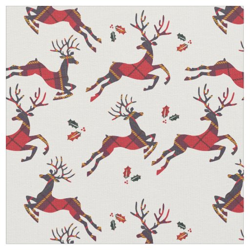 Christmas Red Plaid Holiday Reindeer Fabric