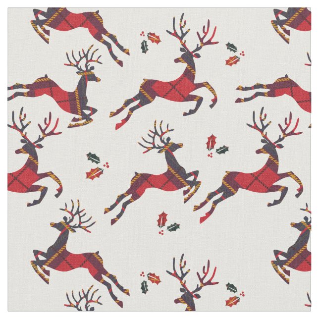 Christmas Red Plaid Holiday Reindeer Fabric (Close Up)