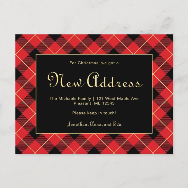 Christmas Red Plaid New Address Holiday Move Postcard (Front)