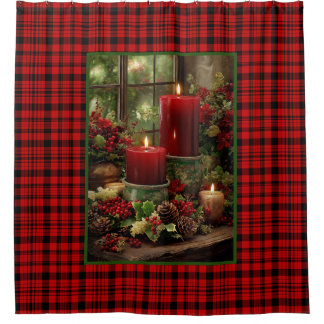 Christmas Red Plaid Red Candles Pine Cones Shower Curtain
