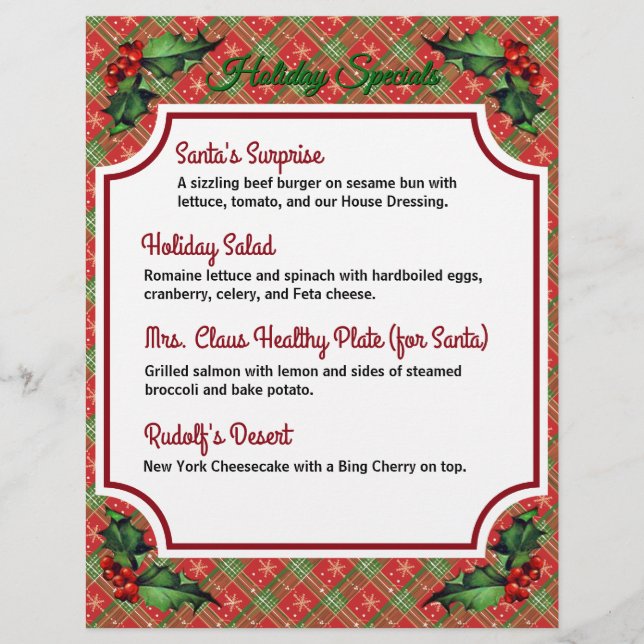 Christmas Red Plaid Restaurant Specials  Flyer (Front)