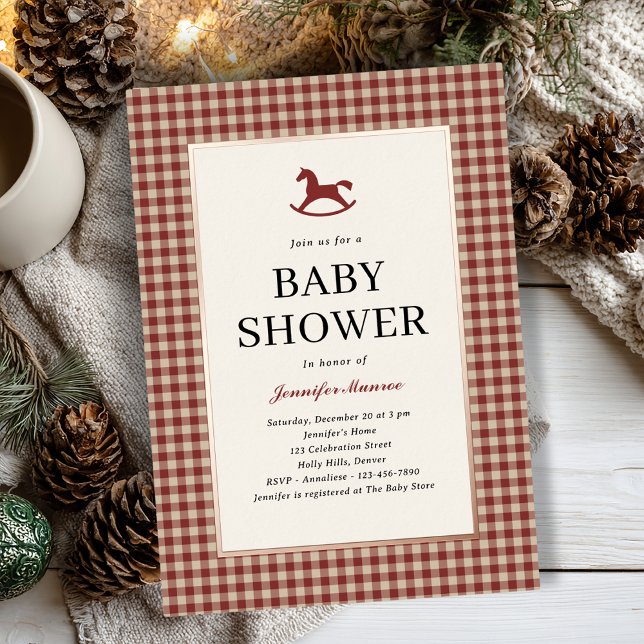 Christmas Red Plaid Rocking Horse Baby Shower Foil Invitation (Creator Uploaded)