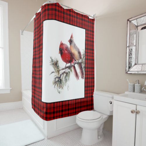 Christmas Red Plaid Watercolor Cardinals Shower Curtain