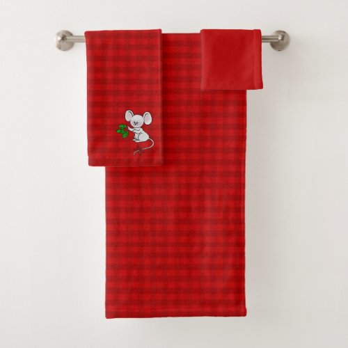 Christmas Red Plaid with Tiny Mouse and Holly Bath Towel Set