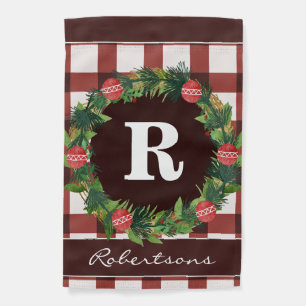 Christmas Red Plaid Wreath Family Name Monogram Garden Flag