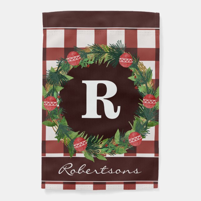 Christmas Red Plaid Wreath Family Name Monogram Garden Flag (Front)