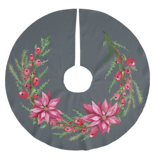 Christmas Red Poinsetta Berries Wreath Off_Black Brushed Polyester Tree Skirt