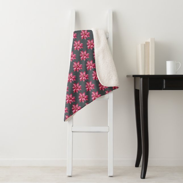 Christmas Red Poinsetta Floral Pattern Off-Black Sherpa Blanket (In Situ)