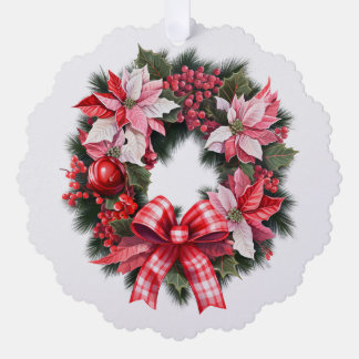 Christmas Red Poinsettia and Berries Wreath Pink Ornament Card
