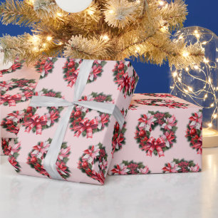 Christmas Red Poinsettia and Berries Wreath Pink Wrapping Paper