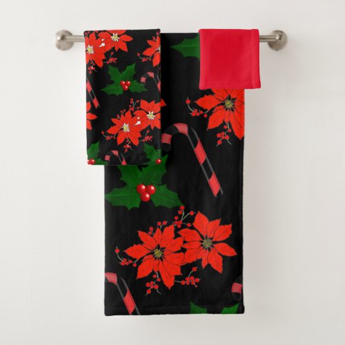 Christmas Red Poinsettia and Holly Leaves  Bath Towel Set