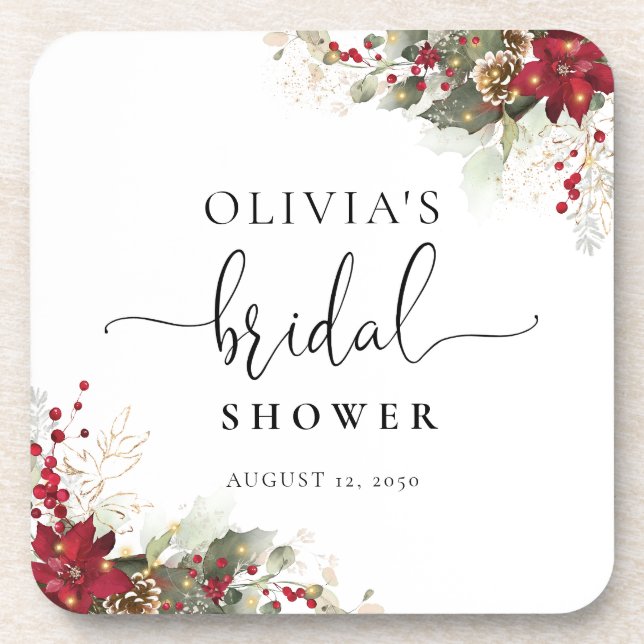 Christmas Red Poinsettia Bridal Shower Beverage Coaster (Front)