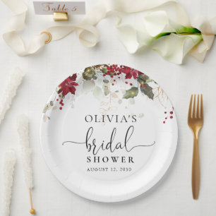 Christmas Red Poinsettia Bridal Shower Paper Plate