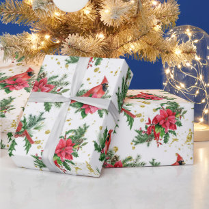 Christmas Red Poinsettia Cardinal Birds Wrapping Paper