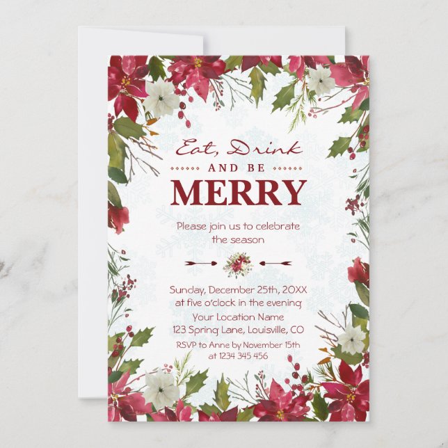 Christmas Red Poinsettia Eat Drink and be Merry Invitation (Front)