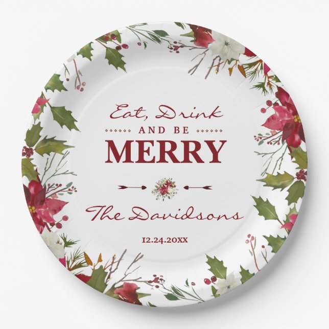 Christmas Red Poinsettia Eat Drink and be Merry Paper Plates (Front)
