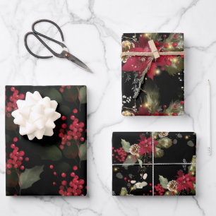 Christmas Red Poinsettia Eucalyptus Holly Berry  Wrapping Paper Sheets
