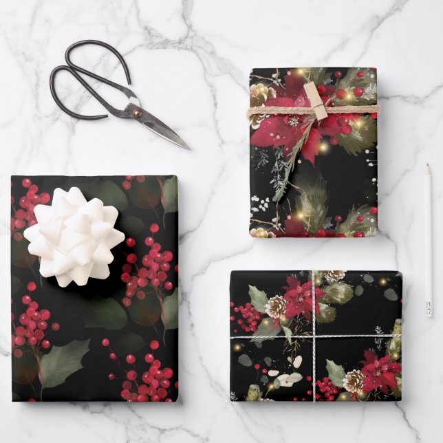 Christmas Red Poinsettia Eucalyptus Holly Berry  Wrapping Paper Sheets (Front)