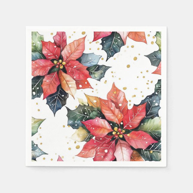Christmas Red Poinsettia Festive Glitter Holiday Napkins (Front)