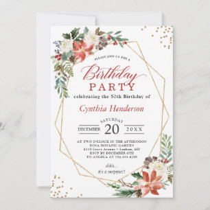 Christmas Red Poinsettia Floral Birthday Party Invitation