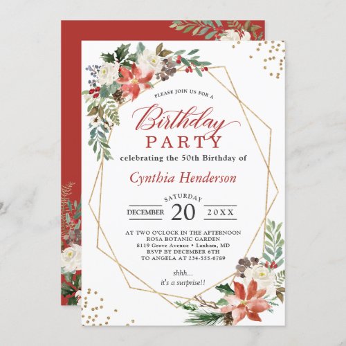 Christmas Red Poinsettia Floral Birthday Party Invitation