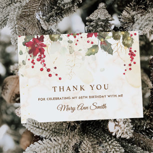 Christmas Red Poinsettia Floral Birthday Party Thank You Card