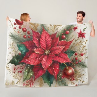 Christmas Red Poinsettia Floral Fleece Blanket