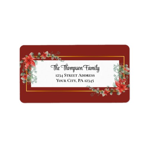Christmas Red Poinsettia Floral Gold Frame Label
