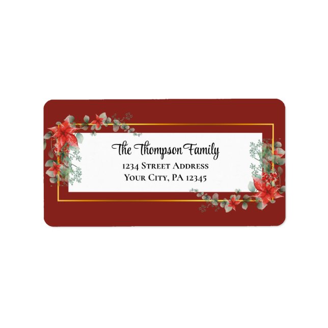 Christmas Red Poinsettia Floral Gold Frame Label (Front)