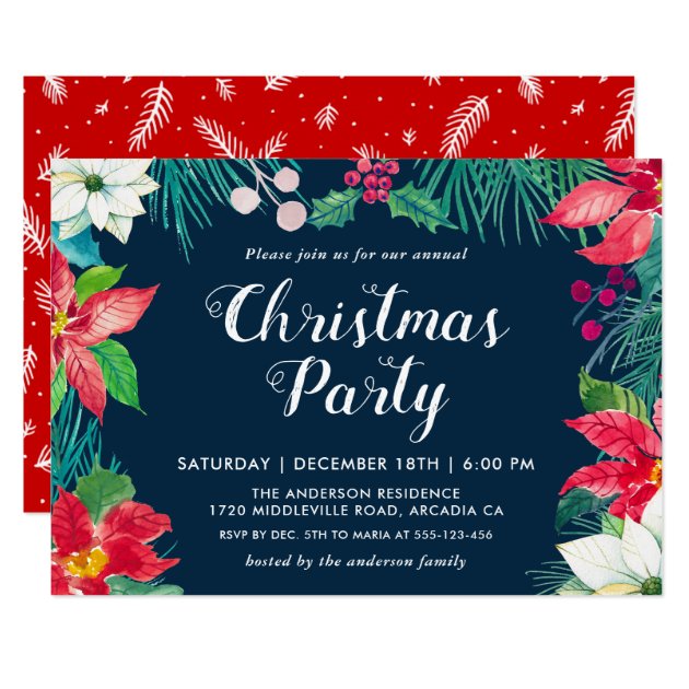 Christmas Red Poinsettia Floral Holiday Party Invitation