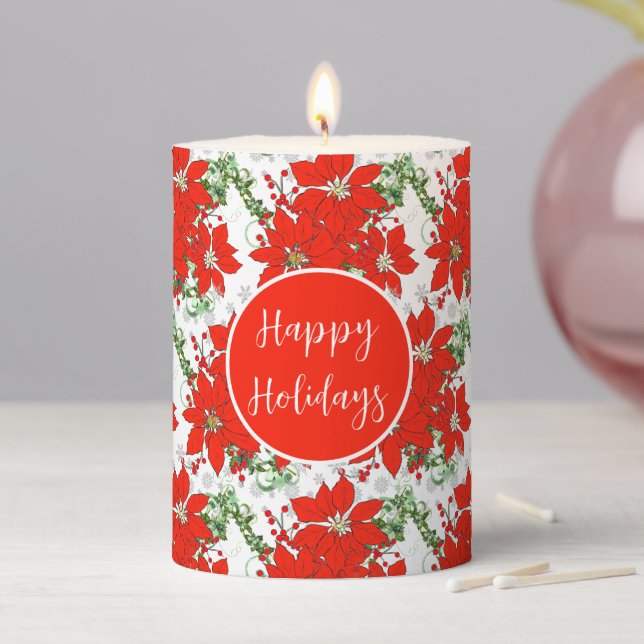 Christmas Red Poinsettia Floral Pillar Candle (In Situ)