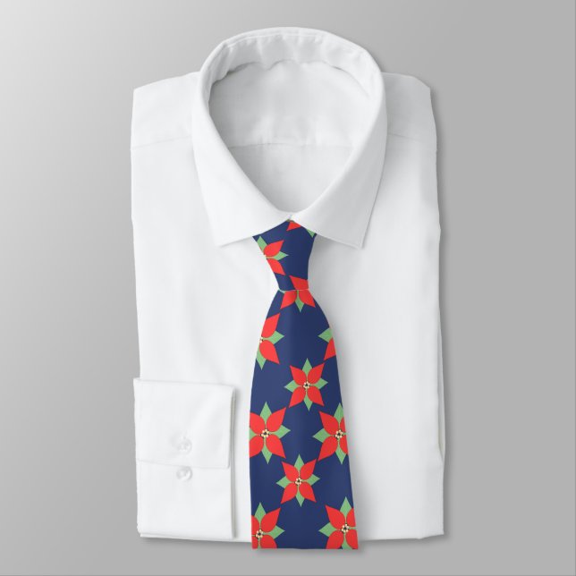 Christmas Red Poinsettia Floral Print Gents Tie (Tied)