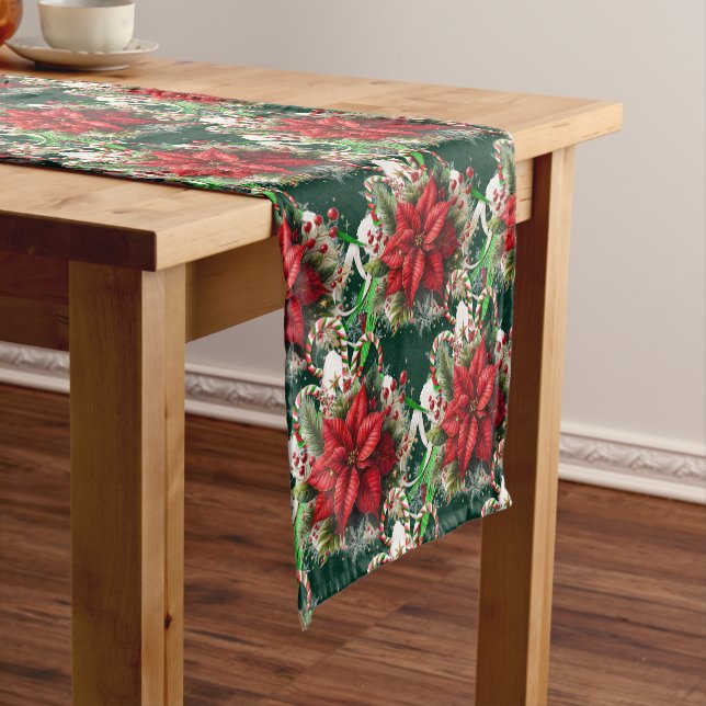 Christmas Red Poinsettia Floral with Candy Canes  Short Table Runner (In Situ)