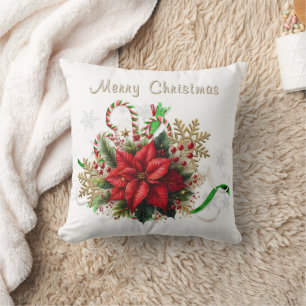 Christmas Red Poinsettia Floral with Candy Canes Throw Pillow