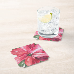 Christmas Red Poinsettia Flower Paper Coaster