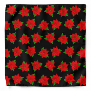 Christmas Red Poinsettia Flower Pattern on Black Bandana