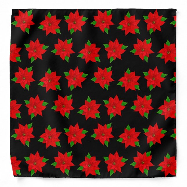 Christmas Red Poinsettia Flower Pattern on Black Bandana (Front)