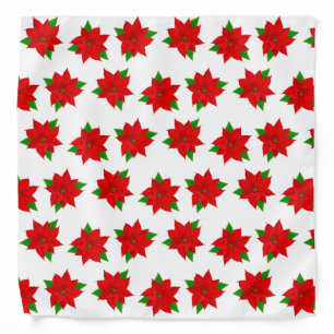 Christmas Red Poinsettia Flower Pattern on White Bandana