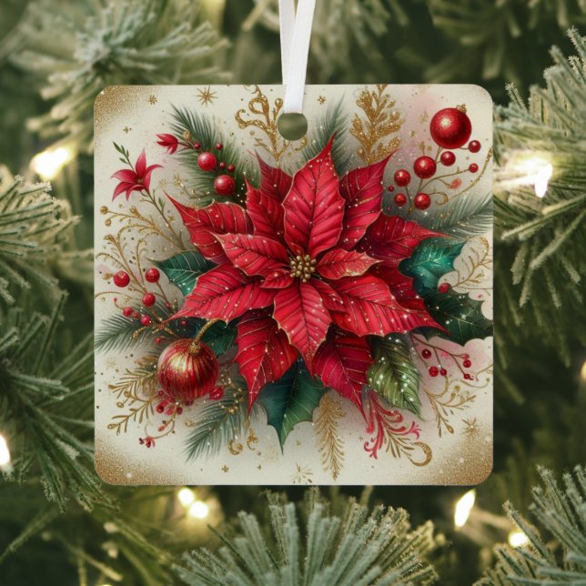 Christmas Red Poinsettia Flower with Gold Glitter  Metal Ornament (Insitu)