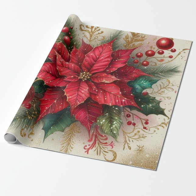 Christmas Red Poinsettia Flower Wrapping Paper (Unrolled)