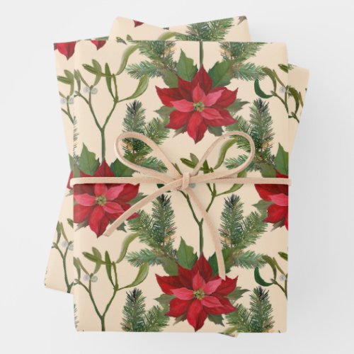 Christmas Red Poinsettia Flowers and Pine Branches Wrapping Paper Sheets