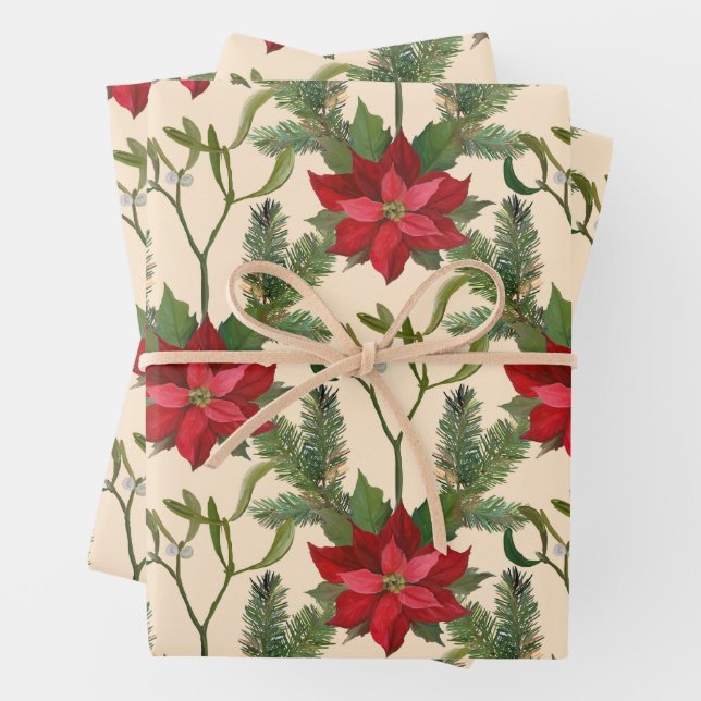 Christmas Red Poinsettia Flowers and Pine Branches Wrapping Paper Sheets (In situ)