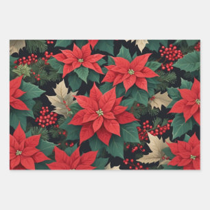 Christmas Red Poinsettia Flowers, Berries  Wrapping Paper Sheets